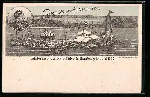 Lithographie Hamburg-St.Georg, Alsterinsel zur Kanalfeier 1895
