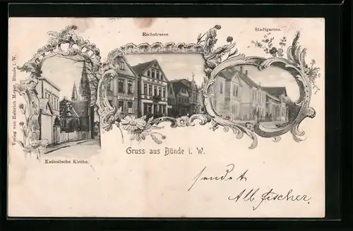 AK Bünde i. W., Eschstrasse, Stadtgarten und katholische Kirche