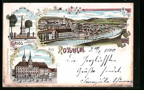 Lithographie Rosswein, Totalansicht, Rathhaus und Kriegerdenkmal