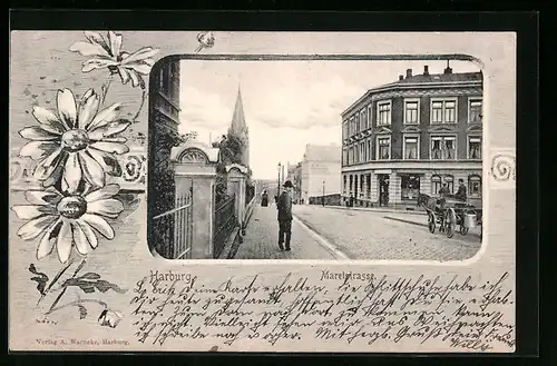 Passepartout-AK Harburg, Maretstrasse mit Pferdewagen und Kirche