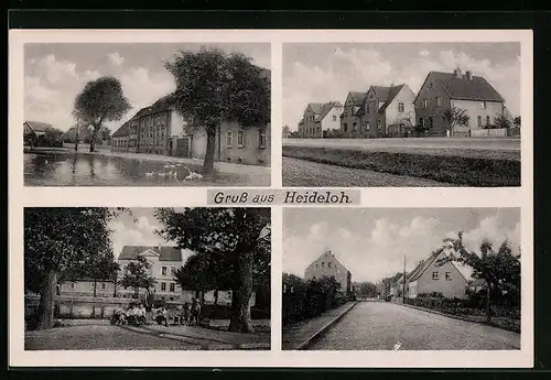 AK Heideloh, Ortspartie mit Teich, Strassenpartien