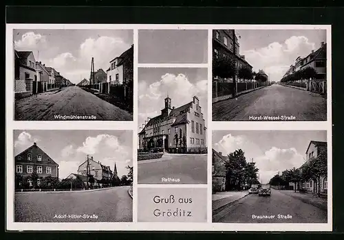 AK Gröditz, Windmühlenstrasse, Horst-Wessel-Strasse, Braunauer Strasse
