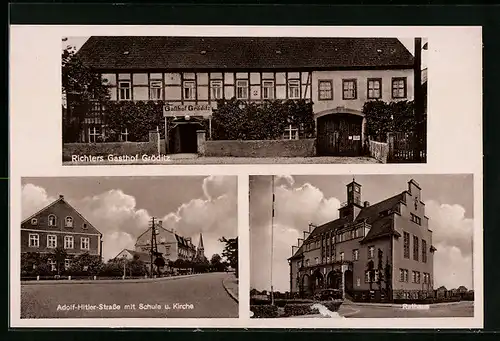 AK Gröditz, Richters Gasthof, Strasse mit Schule u. Kirche