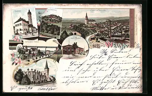 Lithographie Weida, Ortsansicht von der Paulinhöhe, Oschützthal-Viaduct, Bahnhof