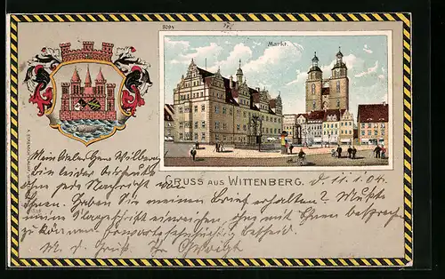 Lithographie Wittenberg, Markt mit Kirche, Wappen