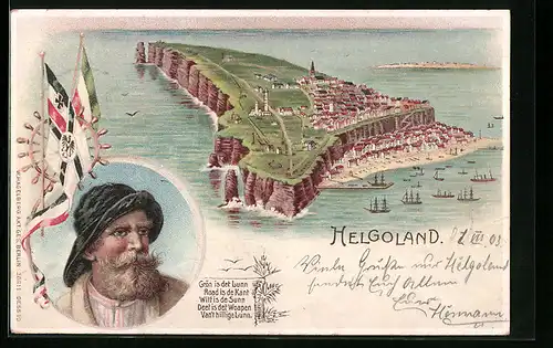 Lithographie Helgoland, Gesamtansicht, Fahnen, Fischer mit Südwester