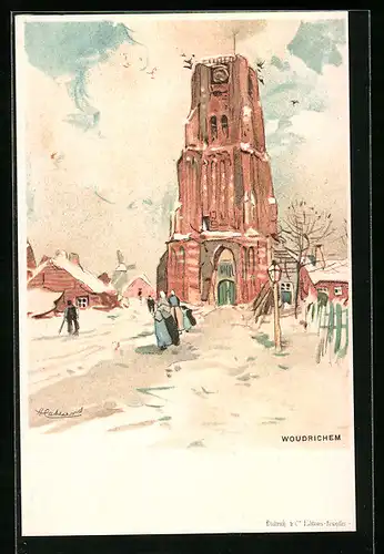 Lithographie Woudrichem, Ortspartie mit Turm im Schnee