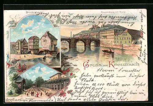 Lithographie Kreuznach, Kurhaus, Kauzenburg mit Ruine, Brückenhäuser