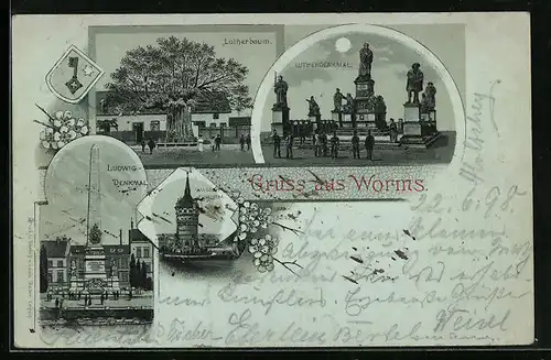 Mondschein-Lithographie Worms, Lutherbaum, Lutherdenkmal, Ludwig-Denkmal