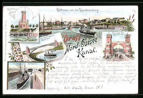 Vorläufer-Lithographie Holtenau, 1895, Nord-Ostsee Kanal, Kanalmündung, Facade der Hochbrücke, Schleuse