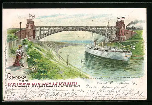 Lithographie Levensau, Kaiser-Wilhelm-Kanal, S. M. Yacht Hohenzollern die Levensauer Hochbrücke passierend