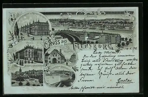 Mondschein-Lithographie Flensburg, Strand-Hotel Glücksburg, Theater, Anlagen am Staatsbahnhof