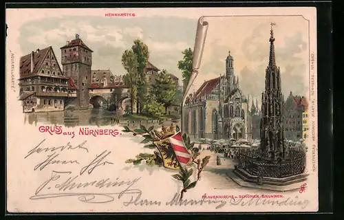 Lithographie Nürnberg, Frauenkirche und Schöner Brunnen, Henkersteg
