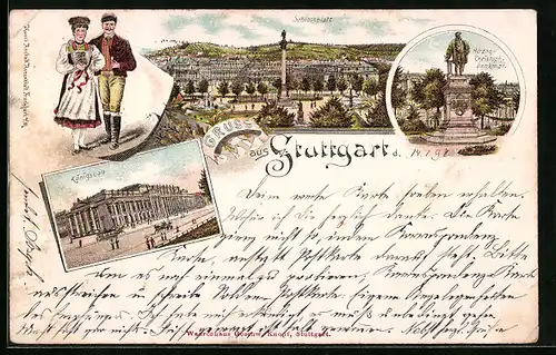 Lithographie Stuttgart, Schlossplatz, Königsbau, Herzog-Christoph-Denkmal