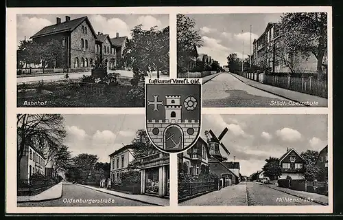AK Varel i. Old., Bahnhof, Städtische Oberschule, Mühlenstrasse mit Windmühle