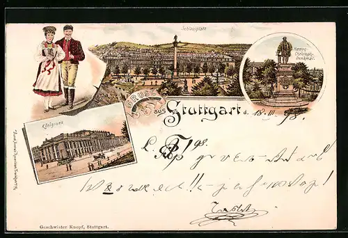 Lithographie Stuttgart, Schlossplatz, Königsbau, Herzog-Christoph-Denkmal