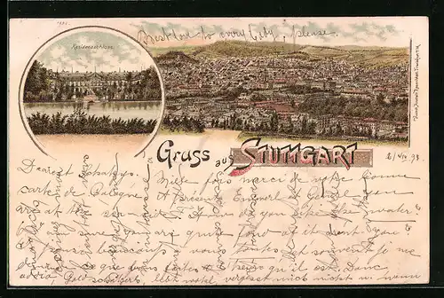 Lithographie Stuttgart, Teilansicht, Residenzschloss