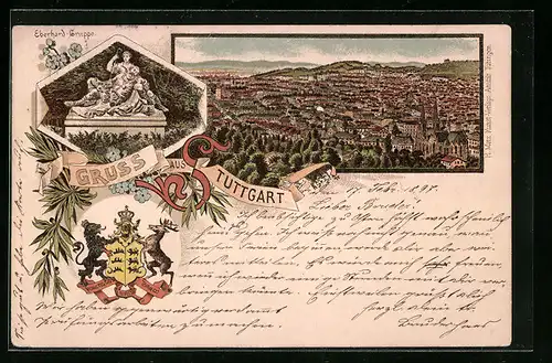 Lithographie Stuttgart, Teilansicht, Eberhard-Gruppe, Wappen