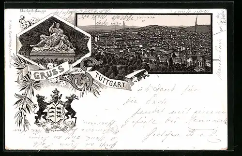 Lithographie Stuttgart, Teilansicht, Eberhard-Gruppe, Wappen