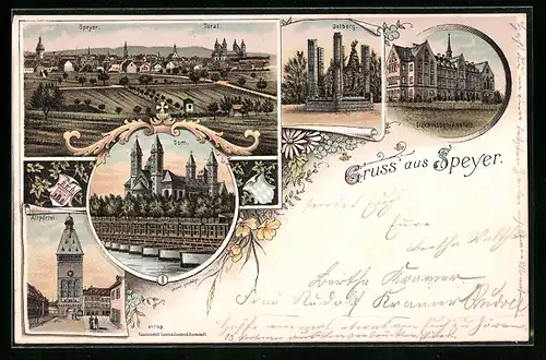 Lithographie Speyer, Diakonissen-Anstalt, Oelberg, Dom