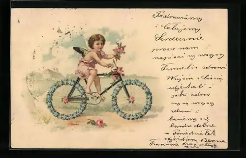 AK Engel auf dem Fahrrad mit Blumen