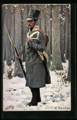 Künstler-AK sign. C. Röchling: Soldat im Uniformmantel mit Gewehr im Schnee, Befreiungskriege