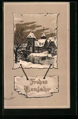 AK Frohes Neujahr, Verschneite Winterlandschaft mit Uferpartie