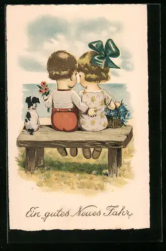 AK Kinder sitzen auf der Bank zu Neujahr neben Hund