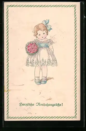 AK Mädchen mit Blumenstrauss wünscht ein frohes neues Jahr