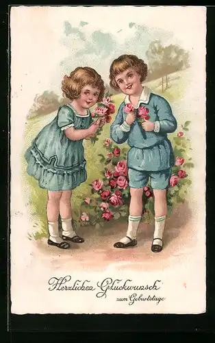 AK Kinder mit Blumen gratulieren zum Geburtstag