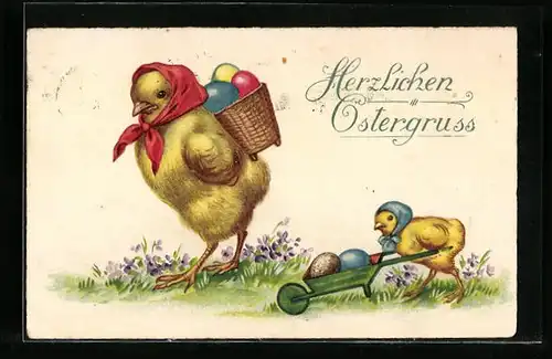 AK Osterküken mit Eiern