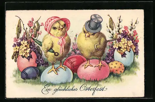 AK Ein glückliches Osterfest, Osterküken mit Hut und Zylinder