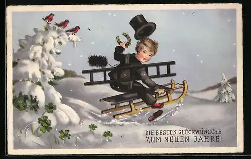 AK Schornsteinfeger im Schnee mit Schlitten