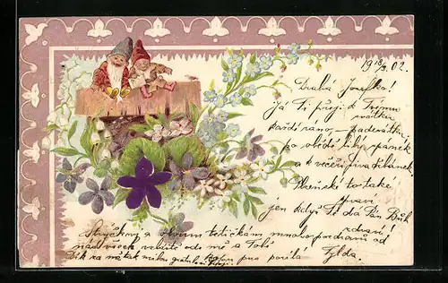AK Zwerge im Wald mit Blumen