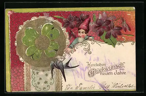 AK Zwerg mit Kleeblatt und Schwalbe