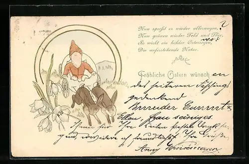 AK Zwerg in der Eierschalen-Kutsche, gezogen von Osterhasen