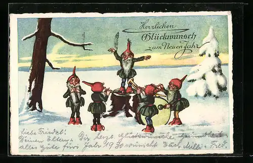 AK Glückwunsch zum neuen Jahr, Zwerge feiern im Schnee
