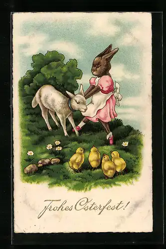 AK Ein frohes Osterfest, Osterhase mit Lamm
