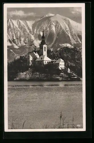 AK Bled, Uferpartie mit Kirche