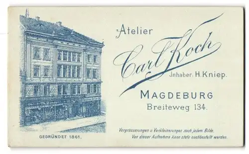 Fotografie Carl Koch, Magdeburg, Ansicht Magdeburg, Foto-Atelier & Geschäftshaus Breiteweg 134, Rückseitig Portrait