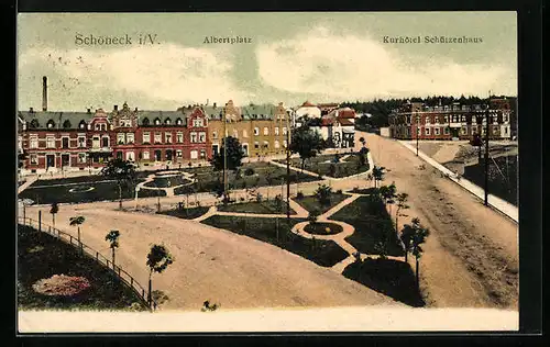 AK Schöneck i. V., Albertplatz, Kurhotel Schützenhaus