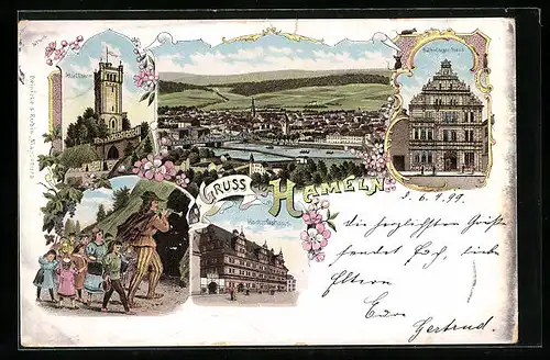 Lithographie Hameln, Rattenfänger-Haus, Hochzeitshaus