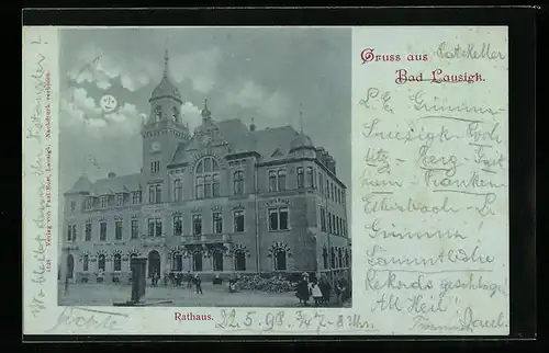 Mondschein-AK Bad Lausigk, Blick zum Rathaus