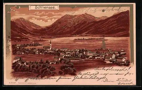 Mondschein-Lithographie Schliersee, Panorama mit Kirche