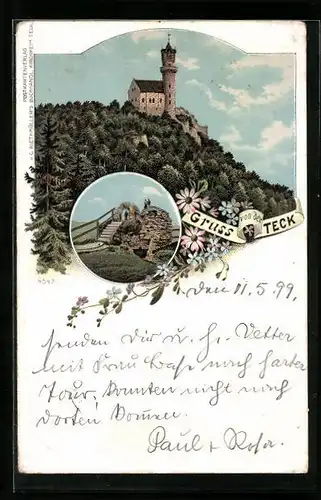 Lithographie Teck, Blick zur Burg