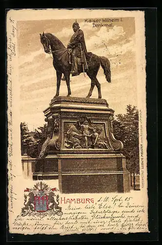 Lithographie Hamburg, Kaiser Wilhelm I. Denkmal