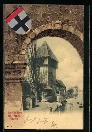 Passepartout-Lithographie Konstanz, Rheintorturm durch einen Torbogen mit Wappen