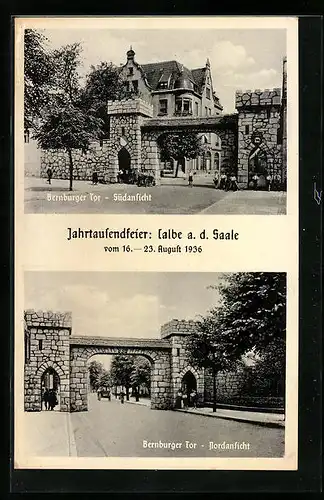 AK Calbe a. S., Jahrtausendfeier d. Stadt 1936, Bernburger Tor von Norden und Süden