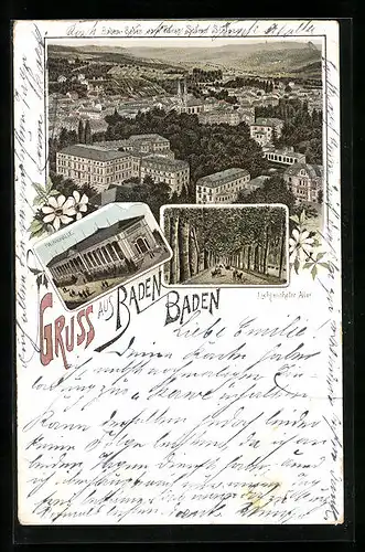 Lithographie Baden Baden, Totalansicht aus der Vogelschau, Trinkhalle, Lichtenthaler Allee