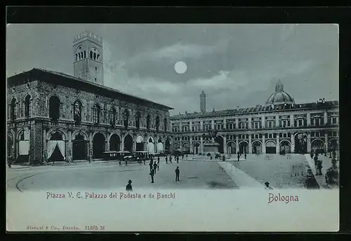 Mondschein-AK Bologna, Piazza V. E. Palazzo del Podesta e de Banchi